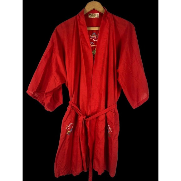 Vtg Japanese Asian Chinese Kimono Robe Medium Large Short Red Embroidered Pagoda - Picture 2 of 5